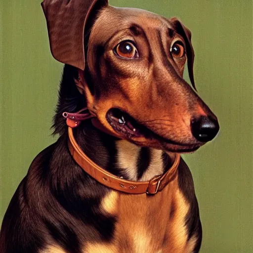 Image similar to very detailed portrait of a very happy dachshund, with a big smile, Norman Rockwell, Anne Geddes, 8k