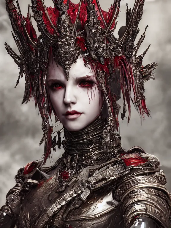 Prompt: portrait art of 8k ultra realistic vampire queen,intricate red crown, detailed intricate ornate armour,decaying, cybernetic, full of colour, cinematic lighting, battered, trending on artstation, 4k, hyperrealistic, focused, extreme details,unreal engine 5, cinematic, masterpiece, art by ayami kojima, giger