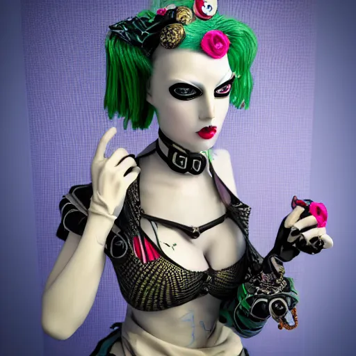 Image similar to cybergoth porcelain woman with artnouveau garment and ornaments sharp focus 8 k