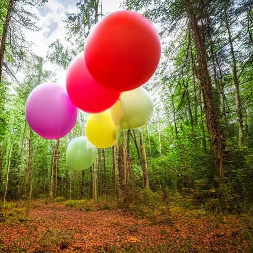 Image similar to An abandoned forest with colorful balloons, Sony a7R IV, symmetric balance, polarizing filter, Photolab, Lightroom, 4K, Dolby Vision, Photography Award