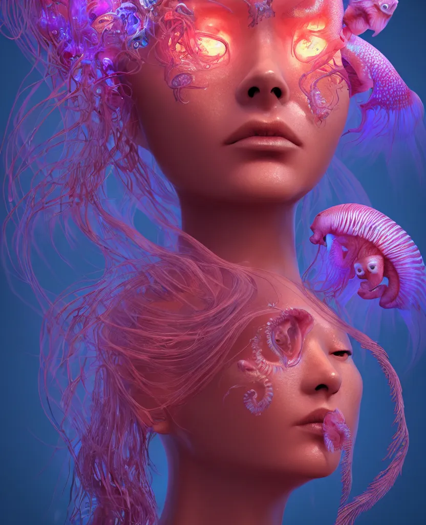 Image similar to goddess close-up face portrait. chimera orchid jellyfish phoenix head, nautilus, skull, betta fish, bioluminiscent creatures, intricate artwork by Tooth Wu and wlop and beeple. octane render, trending on artstation, greg rutkowski very coherent symmetrical artwork. cinematic, hyper realism, high detail, octane render, 8k