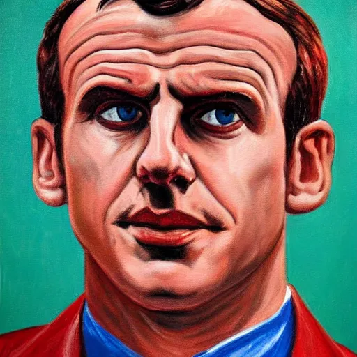 Image similar to painting close portrait of a very serious Emmanuel Macron in soviet propaganda 1930 style, red and brown color scheme, more severe eyes, constructivism