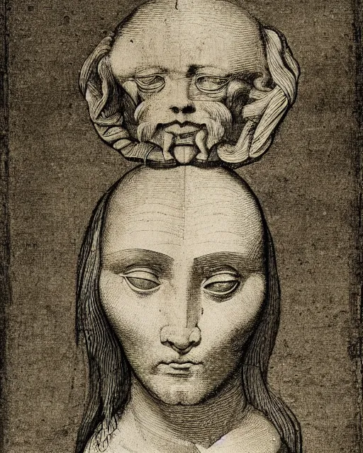 Image similar to head with four faces creature, drawn by da vinci