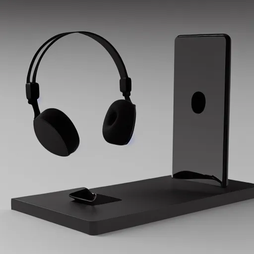 Image similar to headphone stand, futuristic, techno, cyberpunk, product design, 3 d render, concept, fun, swag, iconic