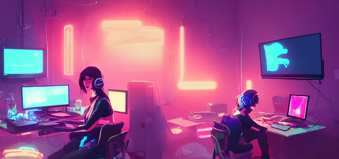 Prompt: a woman sitting in front of screens, gamer, computer nerd, cute room, neon lights, gamer aesthetic, lofi vibes, strong crisp lineart and flat color, by ilya kuvshinov, krenz cushart, Greg Rutkowski, trending on artstation