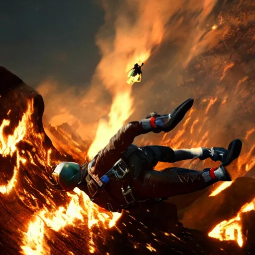 Image similar to prometheus skydiving midair action shot with the fire in one hand the other hand streched to prevent a collission. concept art octane render hyperrealistic unreal engine