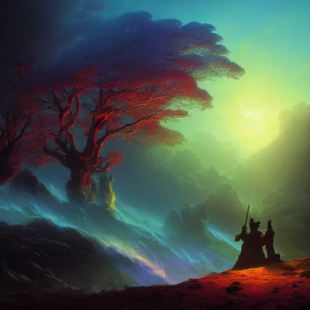 Image similar to fantasy landscape in the form of the human eye, volumetric lighting, colorful, sharp and focus, ultra detailed, beautifully lit landscape, astrophotography, in the art style of dan mumford, ivan aivazovsky and marc simonetti