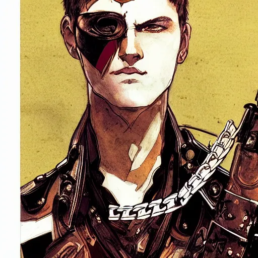 Image similar to portrait of a young white hero using his right arm to hold his sword covering his eye illustrated by yoji shinkawa, high quality, extra details, realism, ornate, colored, golden chain, blood, white skin, short hair, brown eyes, vivid, sunlight, red headband, black eyepatch, white american soldier, painting, cybernetics, military