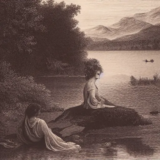 Prompt: a beautiful woman at a lake, illustration by Gustav Doré