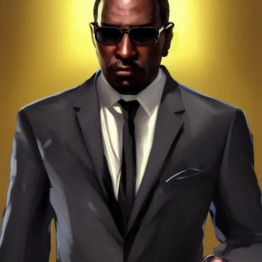 Prompt: A black man in a stylish suit in a grand theft auto 5 loading screen , art by Albert Bierstadt and James Gurney, highly detailed, digital painting, matte painting, concept art, illustration, oppressive lighting, trending on artstation, very detailed