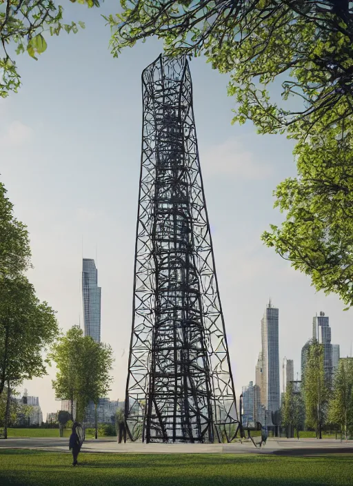 Image similar to highly detailed realistic architecture 3 d render of a stele shukhov tower standing in a city park, archdaily, made in unreal engine 4 octane render