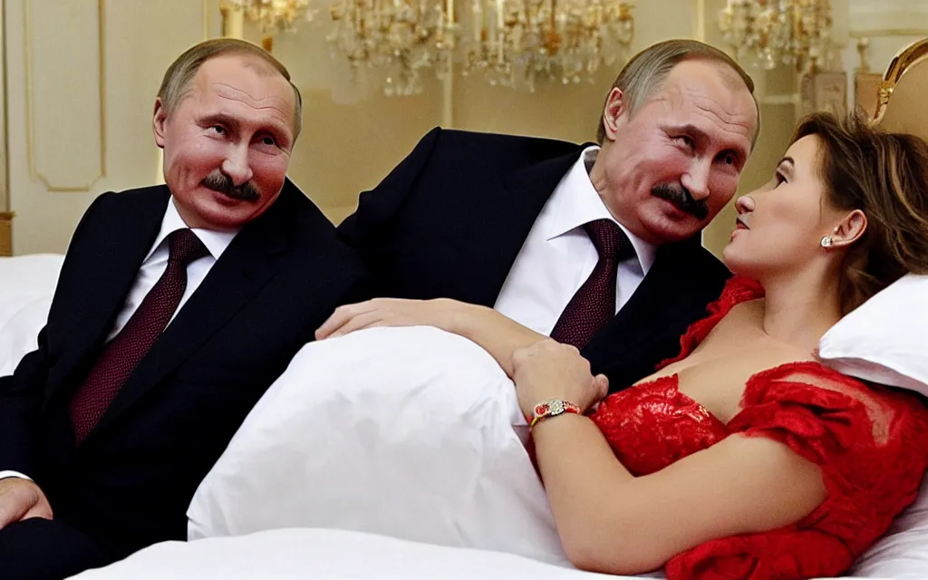 Prompt: lukashenko fall in love with putin romantic bed scene accidental shot by paparazzi