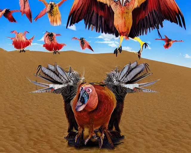 Prompt: cartoonish vultures feeding on carrion in the desert, caricature, surreal, colorful