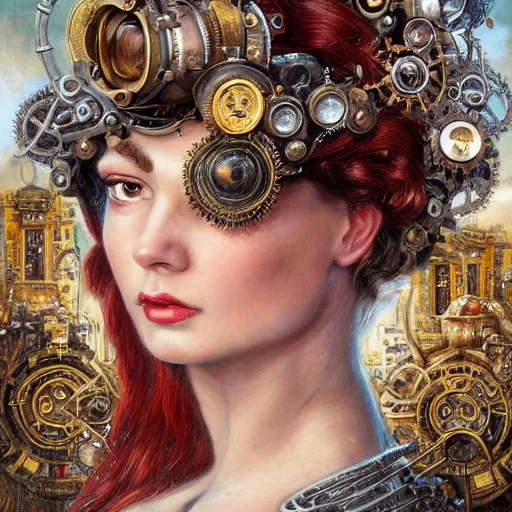 Image similar to Head and shoulders materpiece portrait of Lana Rhoades as a steampunk beautiful goddess, she half human and half robot, she is embellished with few gears wheels and gemstones, by William Holman Hunt, Greg Rutkowski, Stanely Artgerm, Tooth Wu, Peter Gric, Aaron Horkey, trending on Artstation, digital art, mythological, symmetrical artwork, cinematic lighting, hyper realism, high detail, octane render, ultra realistic, golden ratio, 4k, 8k