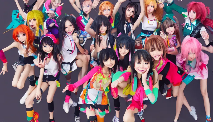 Image similar to group of cute anime characters jumping, colorful outfits, short miniskirts, lightly dressed, ultra detailed digital art, hyper real, detailed, group photo, ultra detailed, ground up angle