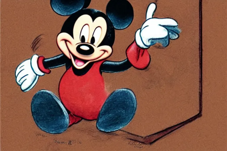 Prompt: courtroom sketch of vintage disney character mickey mouse presenting evidence of copyright infringement to the judge