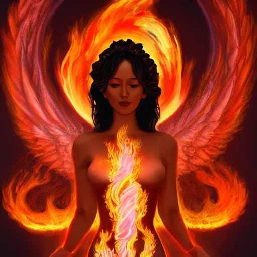 Image similar to A beautiful painting of a goddess with a body made of flames, fantasy, UHD, Trending on artstation.