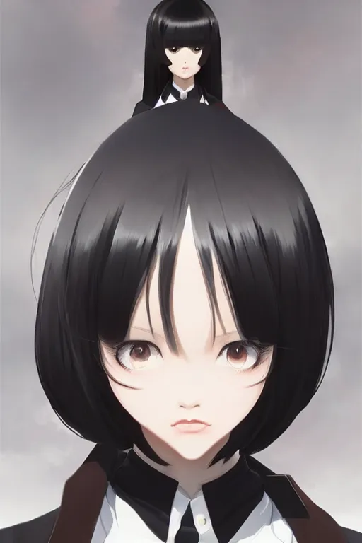 Prompt: Gorgeous japanese schoolgirl with black hair, in black uniform, very detailed eyes. By ilya kuvshinov, krenz cushart, Greg Rutkowski, trending on artstation