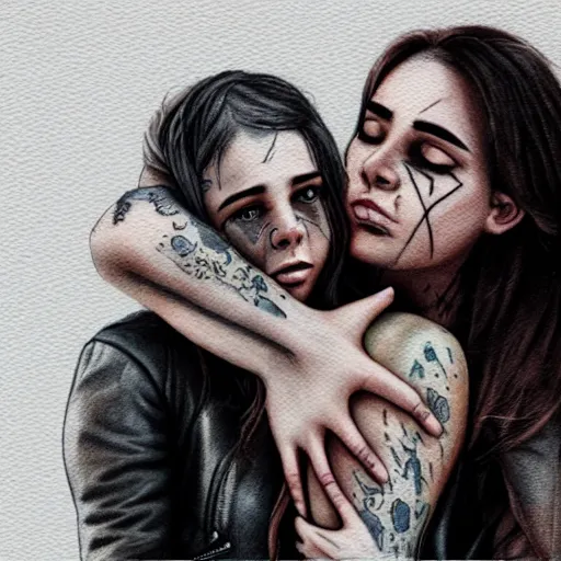 Image similar to Hot young woman, grey skin, void eyeballs, tattoos, wearing a leather jacket, hugging a shrouded person as they cry on her chest, comforting, touching, wholesome, digital art, concept art, watercolour, big sister, little brother, realistic 4k