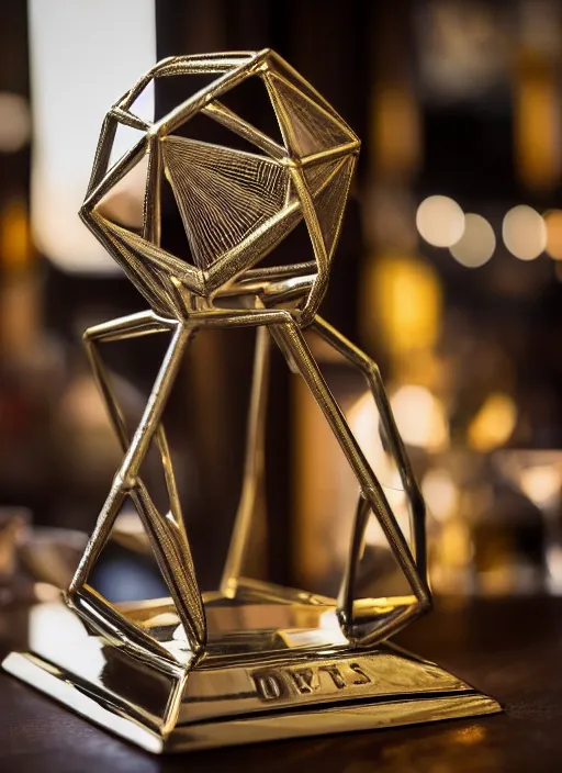 Prompt: a reflective symmetrical polyhedral 3 d printed steel engineering trophy at a high end bar in a medieval themed castle in golden afternoon light, professional food photography