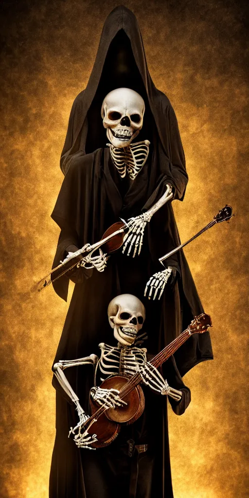 Prompt: cinematic shot epic portrait skeleton wearing a dark robe playing a banjo, hyper realistic, mood lighting, fantasy, detailed face, highly detailed, super realistic, perfect lighting pixel sorting