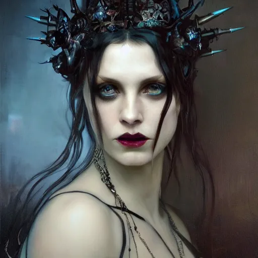 Image similar to dark goth queen by jeremy mann and alphonse mucha, fantasy art, photo realistic, dynamic lighting, artstation, poster, volumetric lighting, very detailed faces, blue eyes, 4 k, award winning dark, goth, queen, dark fantasy, hyperrealistic portrait, art of elysium, full figure, very detailed face, 4 k, award winning,