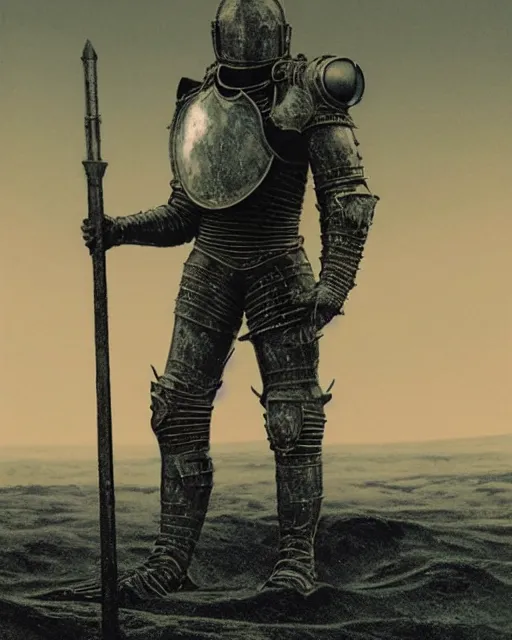 Image similar to crusader knight in armor standing on the moon, retrofuturism sci - fi old movie, highly detailed, photorealistic, 8 k, by beksinski and stalenhag