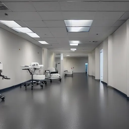 Prompt: minimalist room full of medical equipment, unknown location, clean, stucco walls, shiny floors