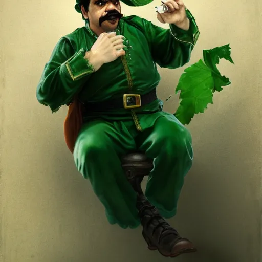 Image similar to hyper realistic, realistic - anime, portrait, beautifully rendered, luis guzman as luigi wearing green, smirking deviously, luigi, luigi's nose, painted by jan van eyck, albrecht durer, gustave courbet, greg rutkowski, wlop, artgerm, dishonored 2,