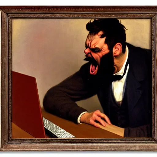 Image similar to an angry man yells at his computer monitor, oil on canvas, 1 9 0 1
