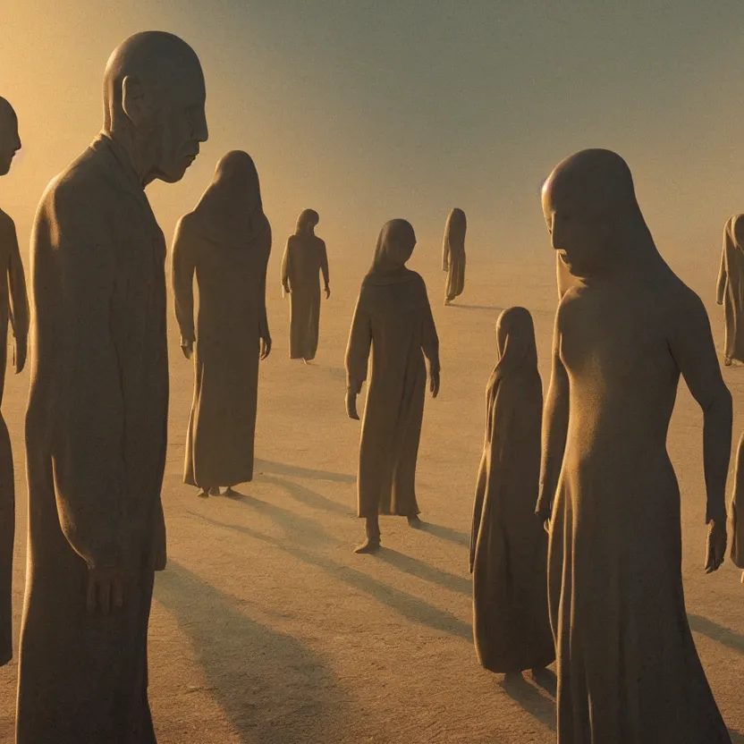 Image similar to thumb people, golden hour lighting, cinematic film still from the movie directed by denis villeneuve with art direction by wayne barlowe and salvador dali, wide lens, f 3 2