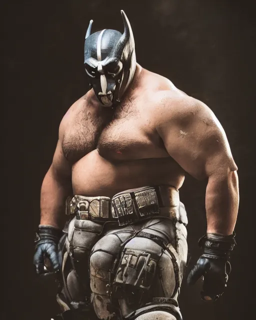 Prompt: Studio portrait of Bane from te Dark Knight as a big guy for you, fully clothed, highly detailed, bokeh, 90mm, f/1.4