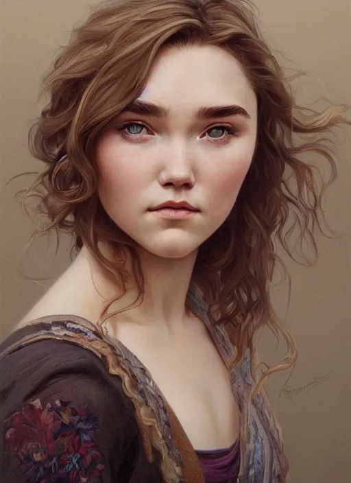 Prompt: beautiful head and shoulders portrait of florence pugh, casual clothing, intricate, elegant, highly detailed, digital painting, beautiful highly detailed face, artstation, concept art, smooth, sharp, focus, illustration, art by artgerm and greg rutkowski and alphonse mucha