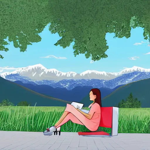 Prompt: digital drawing of a female software developer sitting outside in front of a modern campus building with beautiful mountains in the background, summer, alps, 4k, unreal, digital health, cartoon