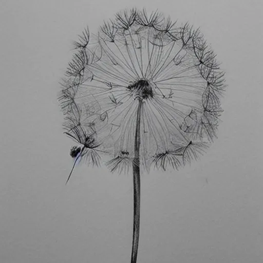 Prompt: pencil drawing of dandelion seeds blowing in the wind