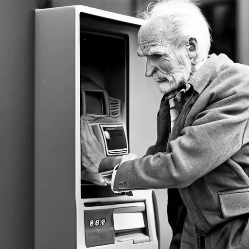 Image similar to B&W photo of an old man looking for help as his hand is stuck in an ATM