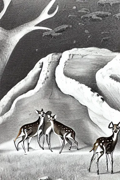 Prompt: A vintage scientific illustration from the 1970s of fawns forming caves with their bodies