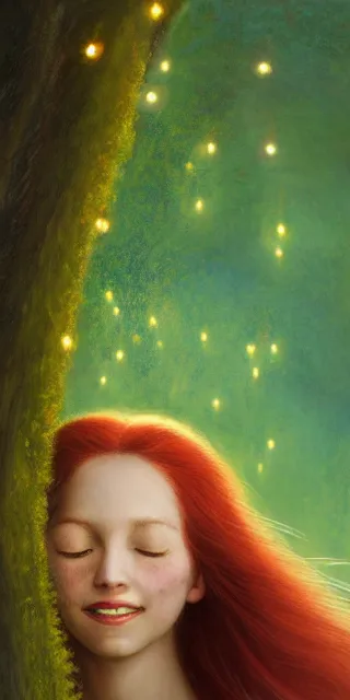 Image similar to infp young woman, smiling amazed, golden fireflies lights, amidst of nature fully covered, long loose red hair, intricate linework, bright accurate green eyes, small nose with freckles, oval shape face, realistic, expressive emotions, dramatic lights spiritual scene, hyper realistic ultrafine art by artemisia gentileschi, jessica rossier, boris vallejo