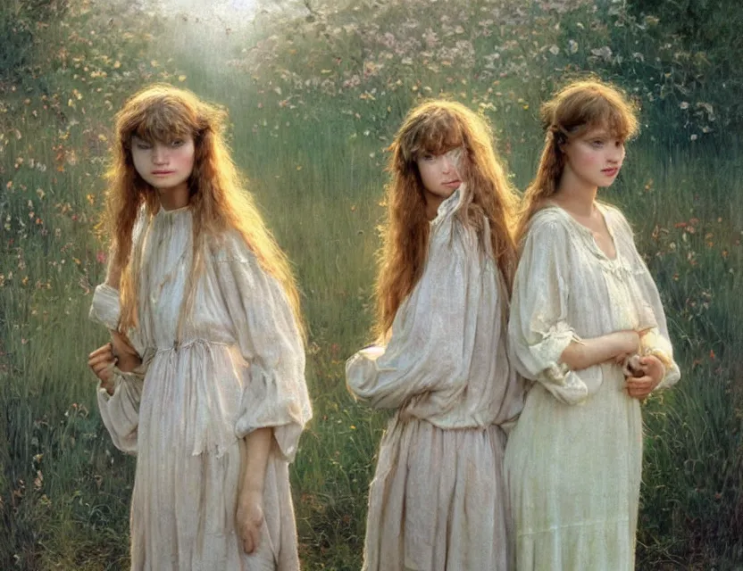 Image similar to beautiful peasant sisters with long hair, cottage core, cinematic focus, polaroid photo bleached vintage pastel colors high - key lighting, soft lights, foggy, by jean auguste dominique by steve hanks, by lisa yuskavage, by serov valentin, by tarkovsky, 8 k render, detailed, oil on canvas