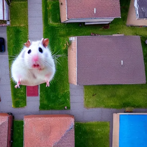 Prompt: a scared hamster flying on a drone above a neighborhood, close up