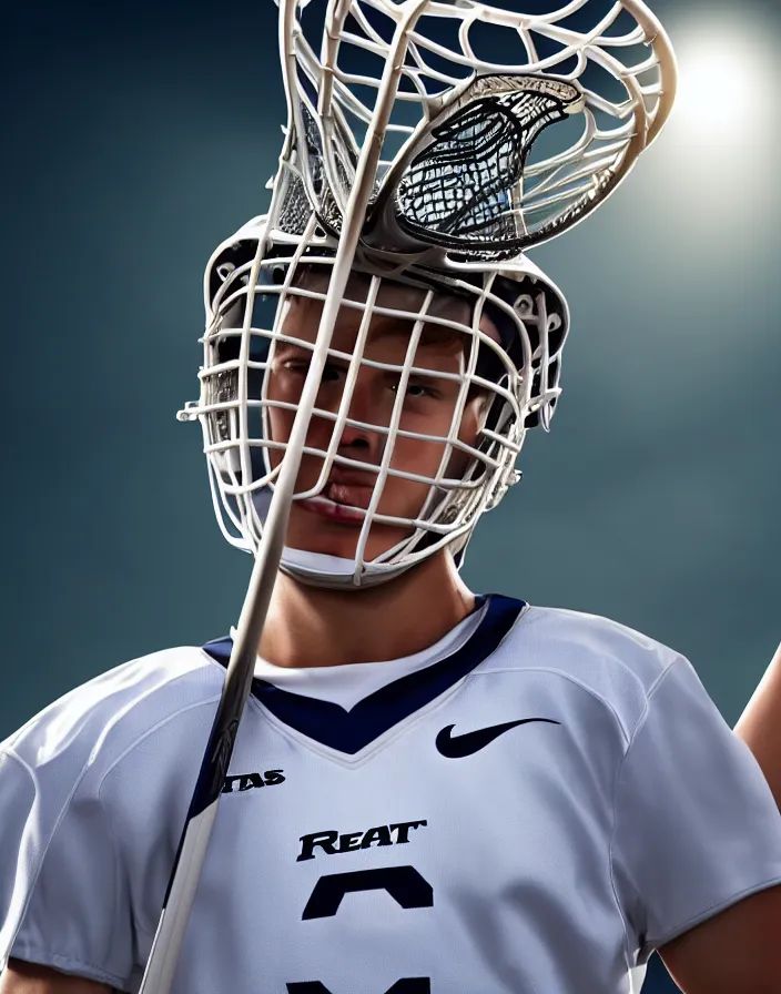 Image similar to closeup portrait of very beautiful cute male lacrosse player in a penn state stadium, glamour pose, particle effects, backlit, highly detailed, soft ambient lighting, sharp focus, rule of thirds, artgerm, wlop, arney freytag, rossdraws, frank frazetta, andrei riabovitchev, hd, octane, 4 k