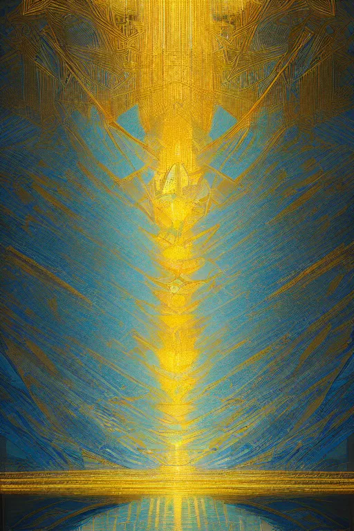 Image similar to art deco abstrct patterns, blue and gold, 8 k, powerfull, intricate, elegant, volumetric lighting, digital painting, highly detailed, artstation, sharp focus, illustration, concept art, ruan jia, steve mccurry, beksinski