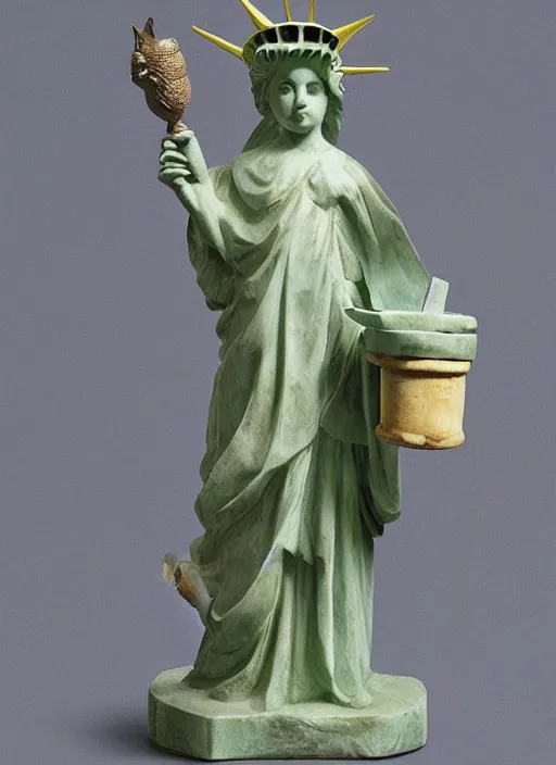 Image similar to A marble statue of a squirrel holding an acorn in the style of Statue of Liberty. museum photo