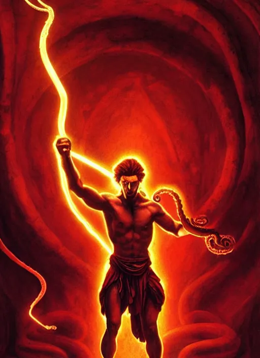 Prompt: movie poster with a young strong ancient greek man with lovecraftian tentacles made of red glowing energy in the background, dungeons and dragons artwork, award winning art, cinematic light, dynamic composition, highly detailed, dramatic lighting, digital painting, concept art, masterpiece, by leonardo da vinci, raphael, artgerm, greg rutkowski, vibrant colors