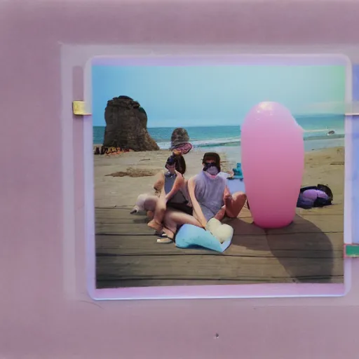 Image similar to a pastel colour high fidelity wide angle Polaroid art photo from a holiday album at a seaside with abstract inflatable parachute furniture, all objects made of transparent iridescent Perspex and metallic silver, people in masks relax, iridescence, nostalgic