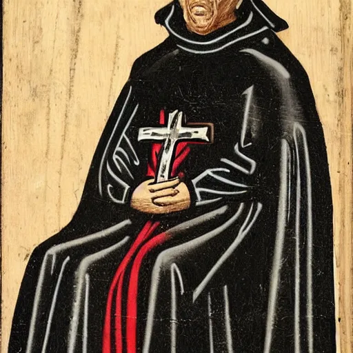 Image similar to a medieval priest in a black fur cloak with a wooden mask