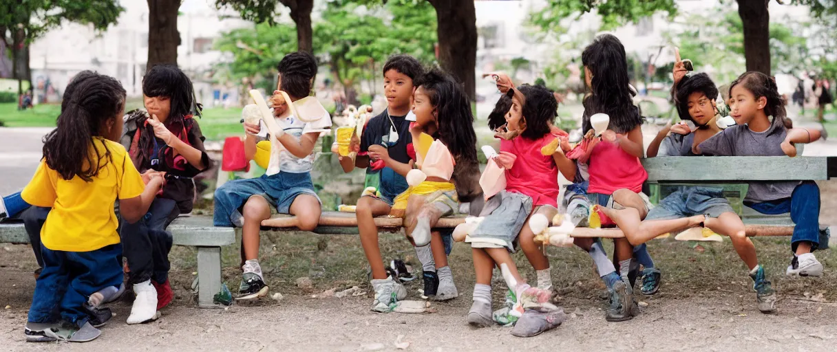 Prompt: a photograph for advertising of multicultural kids on a bench eating ice cream shot by annie leibovitz, shallow depth of field, background school yard, kodak porto 4 0 0 film stock, zeiss 8 5 mm f 1. 2 color corrected and pts processed