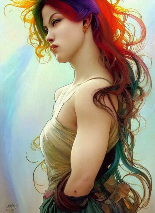 Image similar to a young woman with beautiful rainbow hair. she looks very angry. beautiful painting by artgerm and greg rutkowski and alphonse mucha lois van baarle