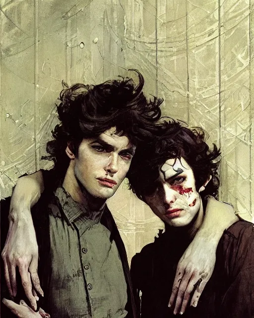 Prompt: two handsome but sinister young men in layers of fear, with haunted eyes and wild hair, 1 9 7 0 s, seventies, wallpaper, a little blood, moonlight showing injuries, delicate embellishments, painterly, offset printing technique, by coby whitmore, jules bastien - lepage