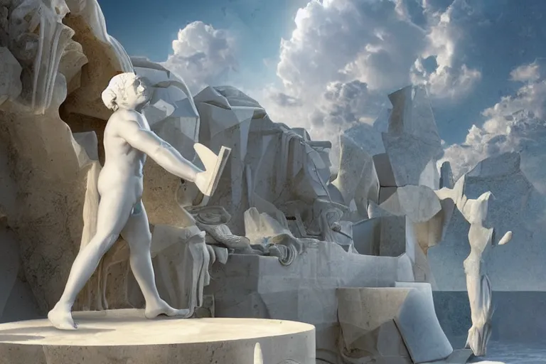 Image similar to a white marble statue of man ruins vicissitude octane render detailed surrealism by vladimir kush